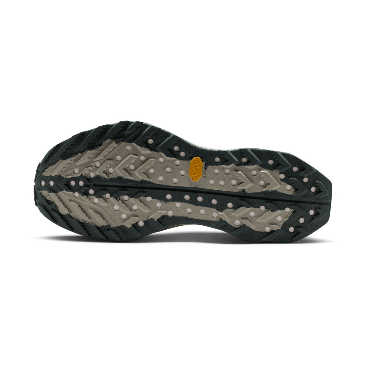Nike ACG Ultrafly Trail Racing Shoes Spruce Fog Sea Glass Black Spruce sole view displaying Vibram Megagrip outsole for enhanced grip and durability on wet technical trail terrain