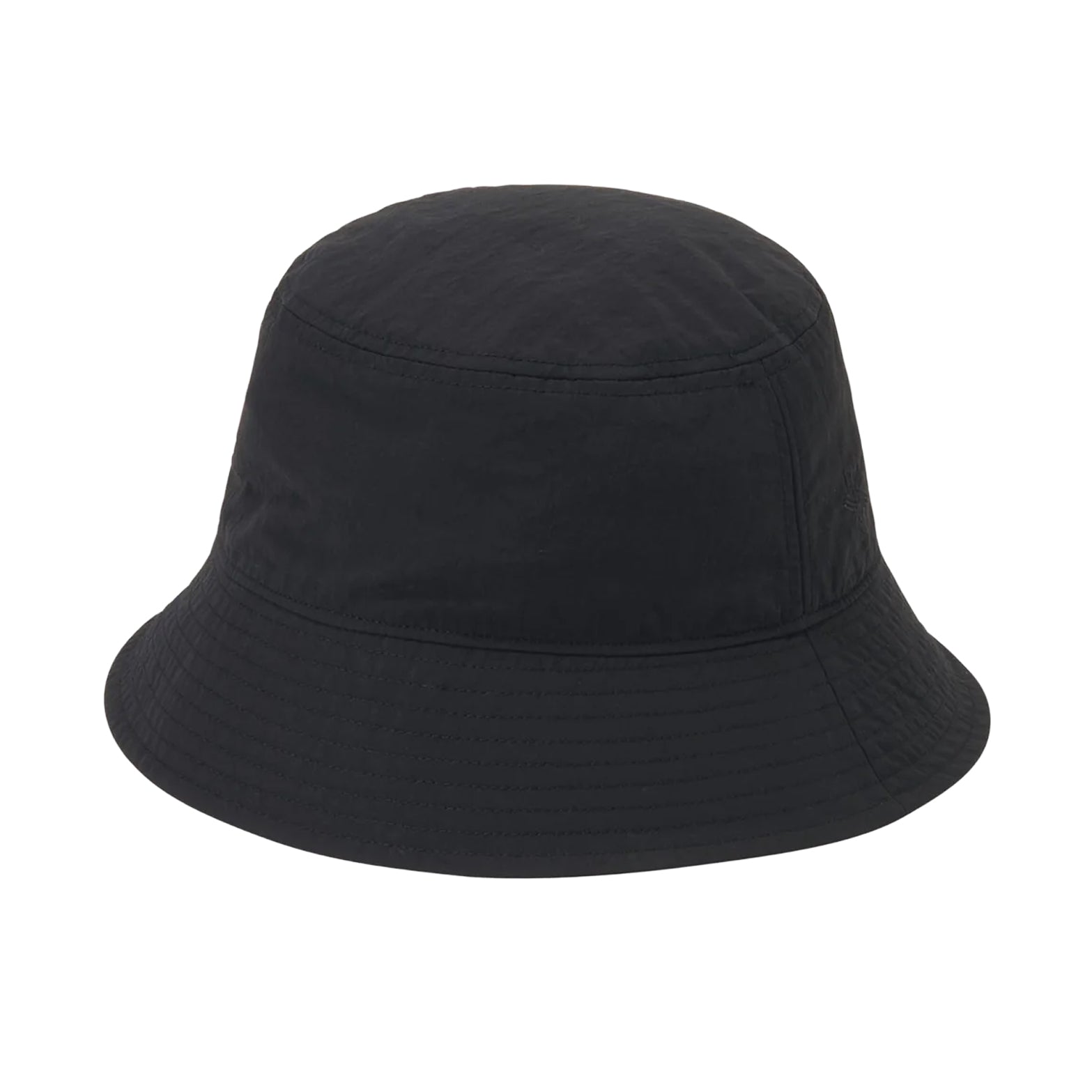 Goldwin Nylon Bucket Hat Black front view showing densely woven recycled nylon with water-repellent properties and simple bucket hat design