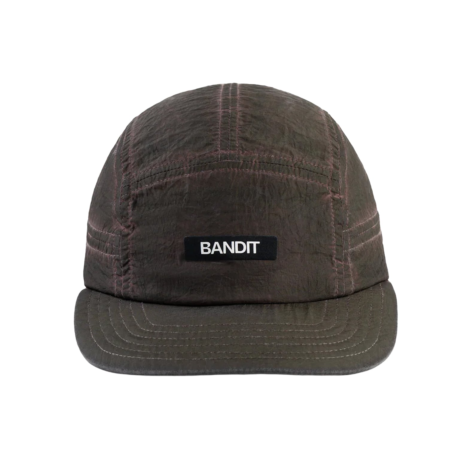 Bandit Nylon HumoFit Lunar Wash Run Hat Espresso front view showing silky nylon construction with printed Bandit logo and branded taping detai