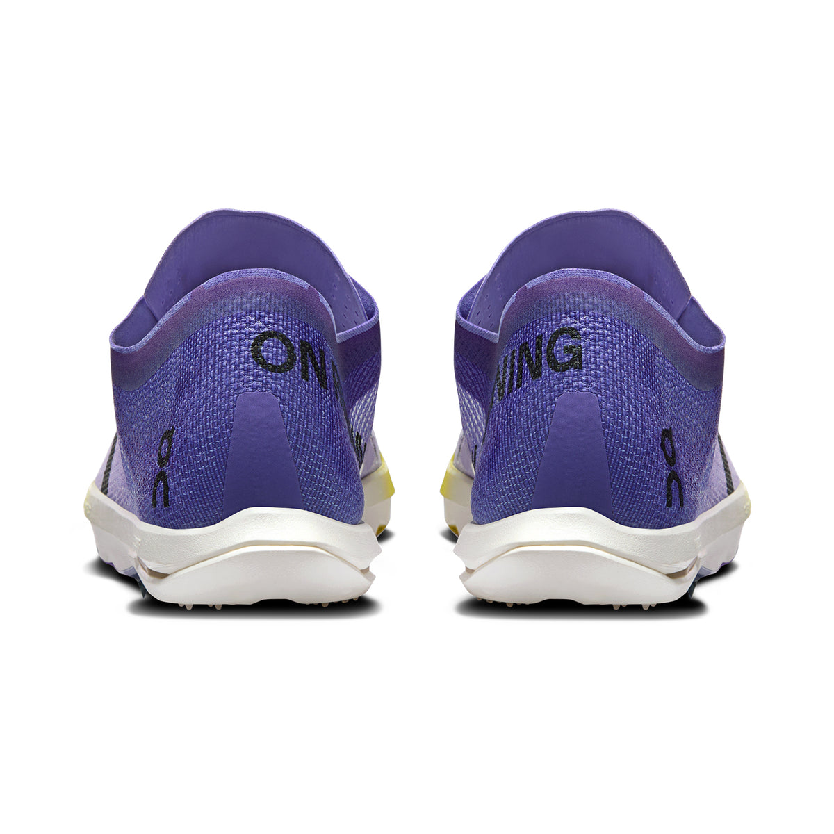On Men's Cloudspike Citius 2 Track Spikes Purple Yellow heel view showing CloudTec cushioning, Helion HF hyper foam and race-legal 20mm stack height