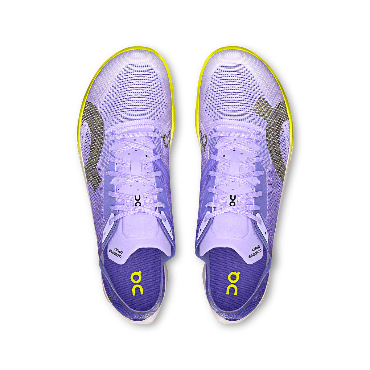On Men's Cloudspike Citius 2 Track Spikes Purple Yellow top view showing ultralight one-piece mesh upper with breathable construction and secure foot lockdown