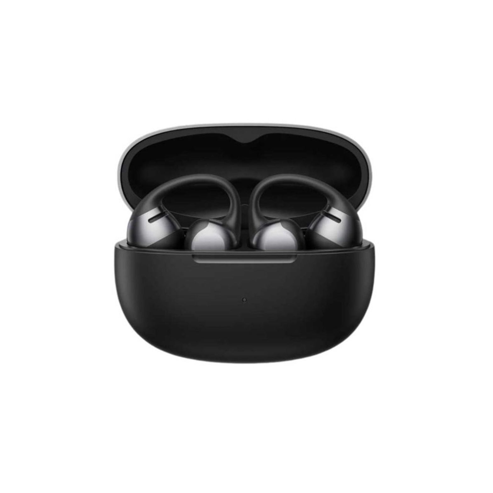 Shokz OpenDots 2 Headphones Black with charging case open showing interchangeable side earbuds with symmetrical design for effortless storage and 40 hours total playtime
