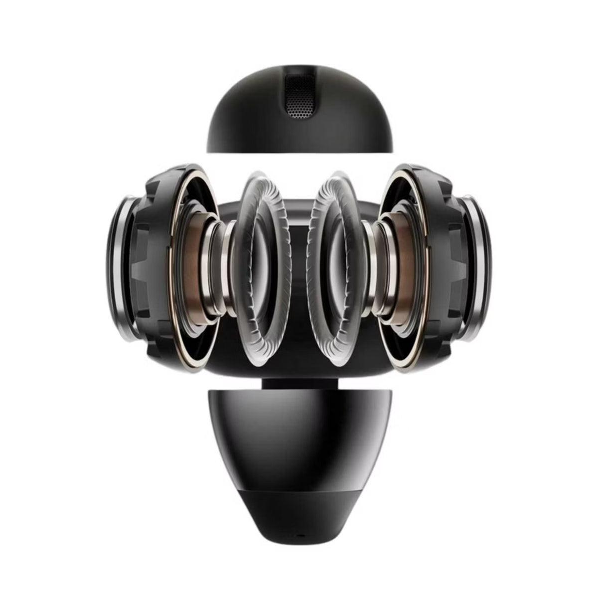 Shokz OpenDots 2 Headphones Black internal technology visualisation showing dual 11.8mm drivers with Bassphere 2.0, MirrorPitch sound direction and triple-mic system for upgraded Dolby Audio and clear call performance