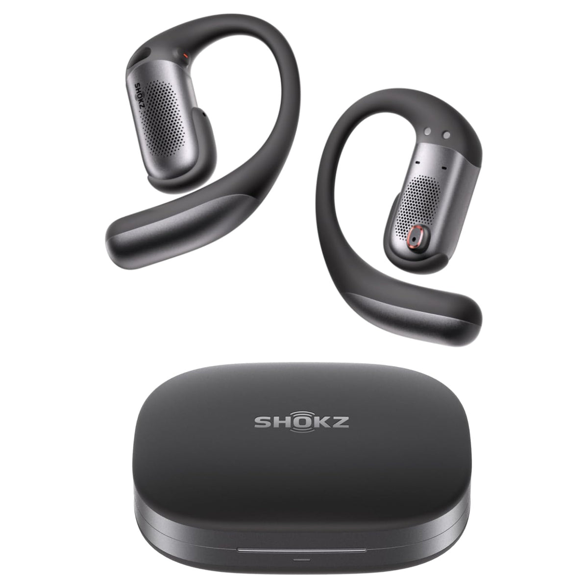 Shokz OpenFit Pro Headphones Black with charging case showing 50 hours total playtime storage with fast charging capability for 4 hours playtime from 10-minute charge