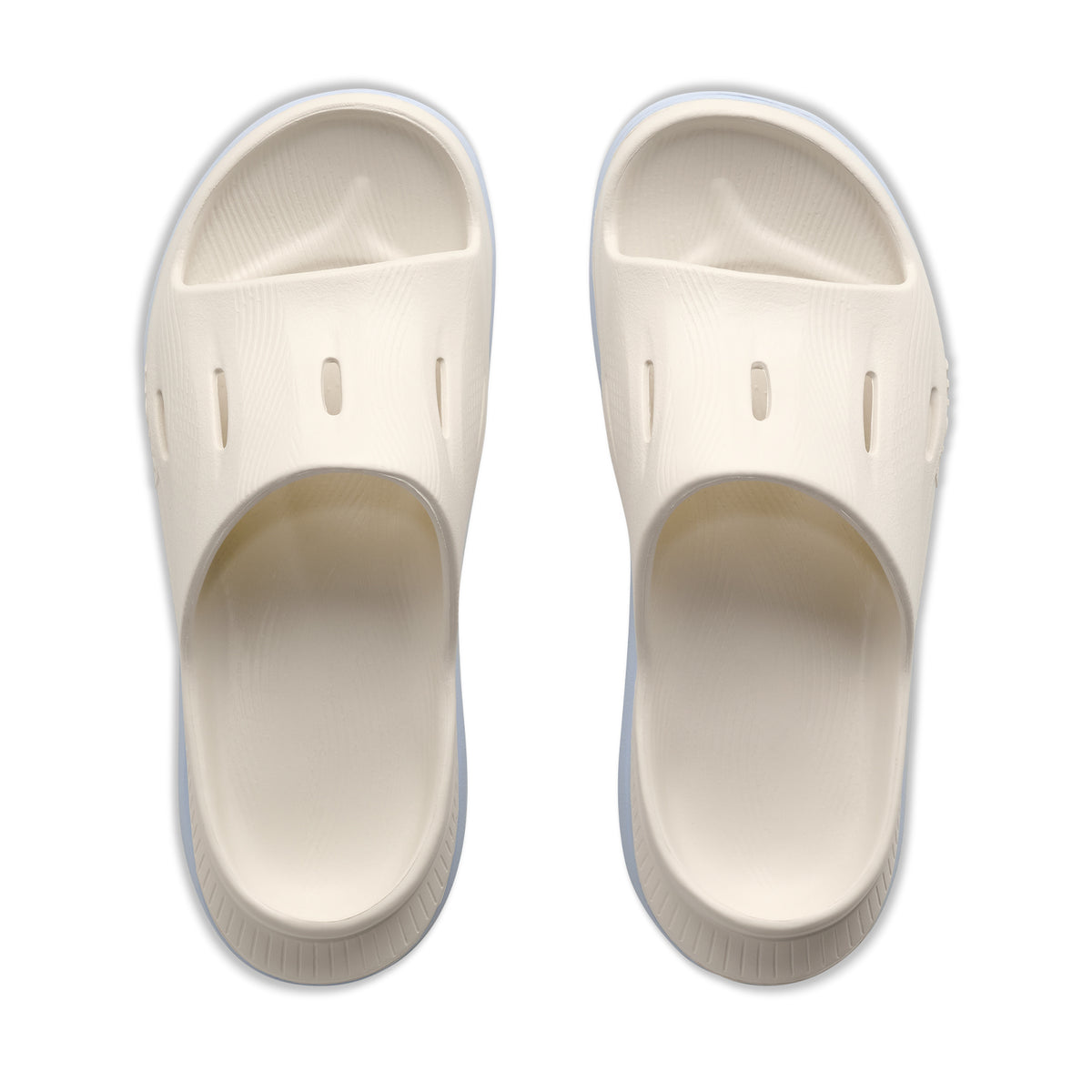 HOKA Ora Recovery Slide 3 Alabaster Ambient Blue top view showing four ventilated air flow channels with sugarcane EVA footbed for breathable sustainable post-run recovery