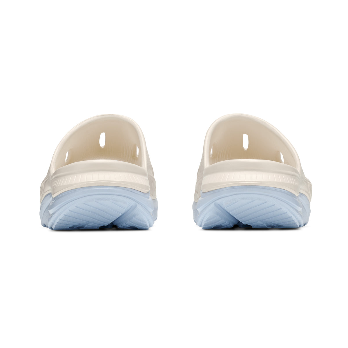 HOKA Ora Recovery Slide 3 Alabaster Ambient Blue heel view showing dual-density geometry with 6mm drop and injection-moulded sugarcane EVA midsole for supported comfortable recovery