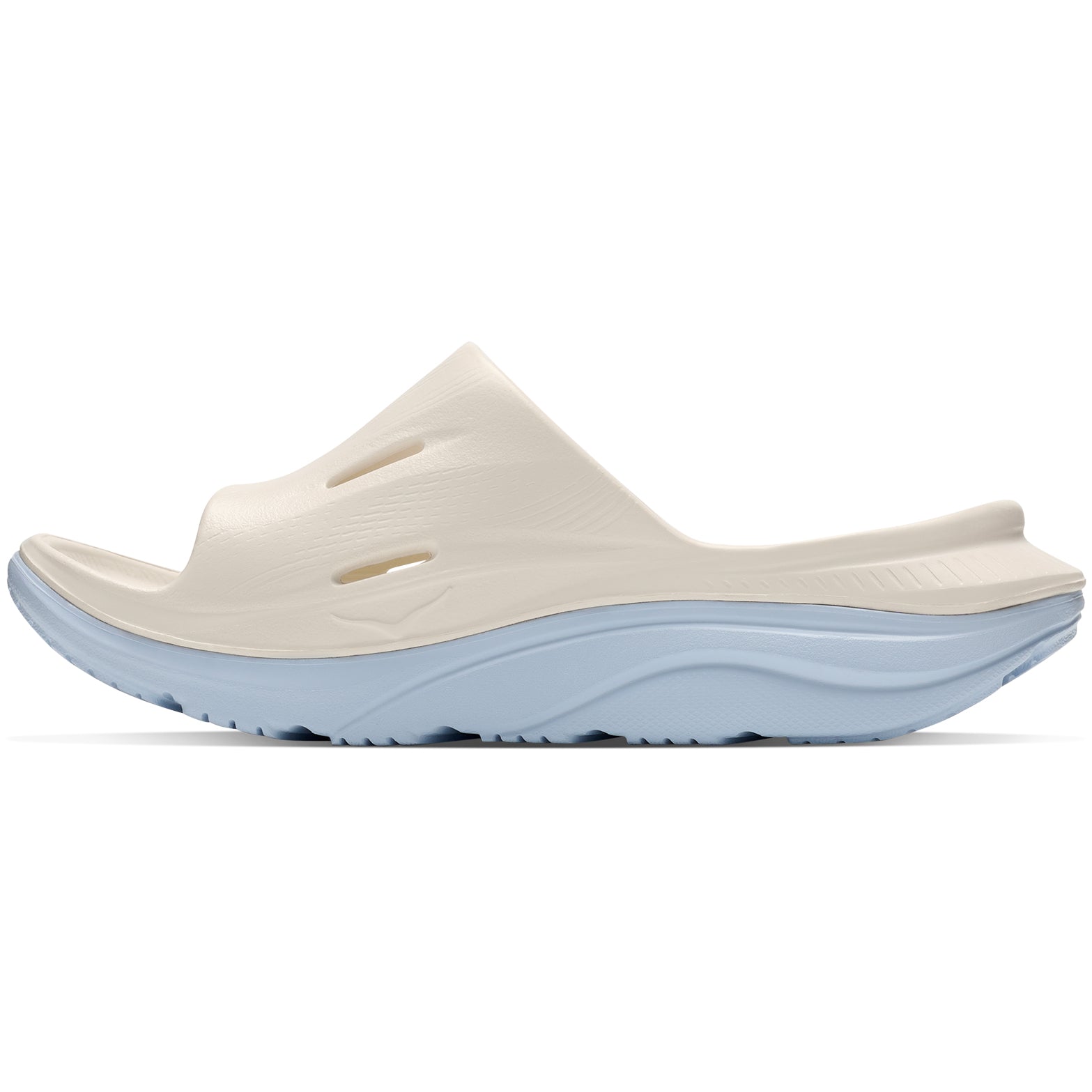 HOKA Ora Recovery Slide 3 Alabaster Ambient Blue inner side view showing four ventilated air flow channels with dual-density cushioning for superior breathability and foot-cradling comfort