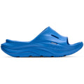 HOKA Ora Recovery Slide 3 Virtual Blue Virtual Blue outer side view showing dual-density geometry with injection-moulded sugarcane EVA midsole and early stage MetaRocker for post-run recovery comfort