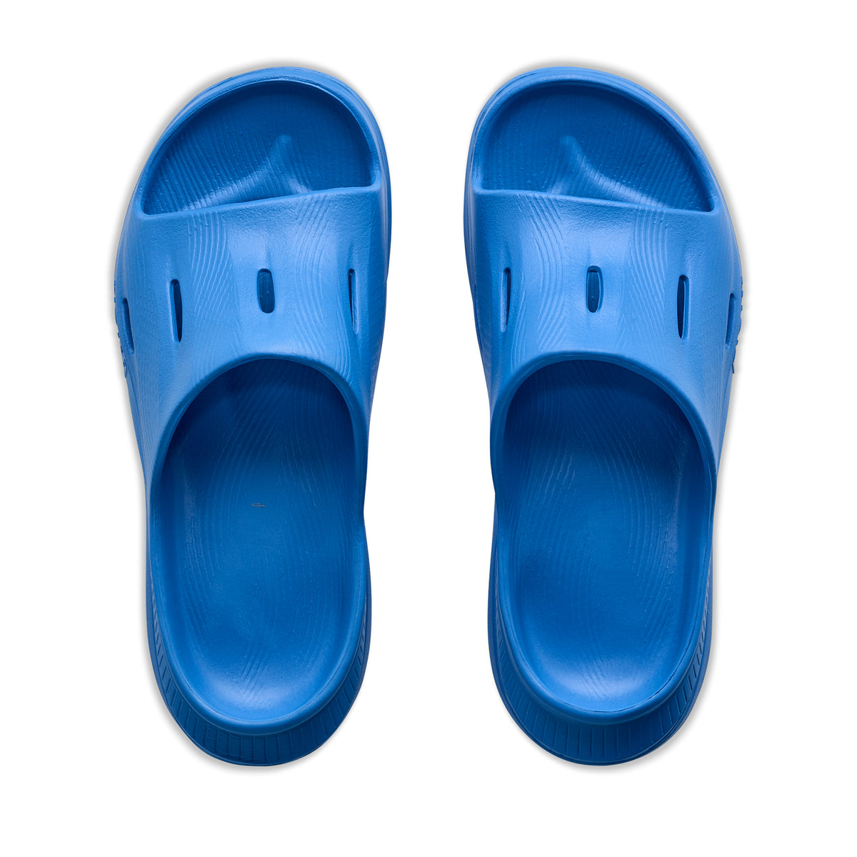 HOKA Ora Recovery Slide 3 Virtual Blue Virtual Blue top view showing four ventilated air flow channels with sugarcane EVA footbed for breathable sustainable post-run recovery
