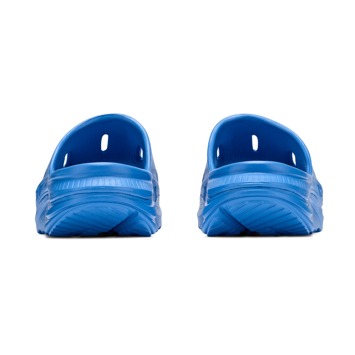 HOKA Ora Recovery Slide 3 Virtual Blue Virtual Blue heel view showing dual-density geometry with 6mm drop and injection-moulded sugarcane EVA midsole for supported comfortable recovery