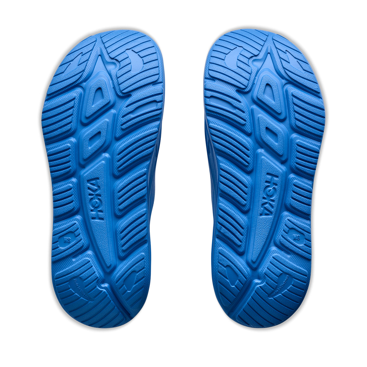 HOKA Ora Recovery Slide 3 Virtual Blue Virtual Blue sole view displaying injection-moulded EVA outsole for reliable grip on indoor and outdoor surfaces during recovery wear