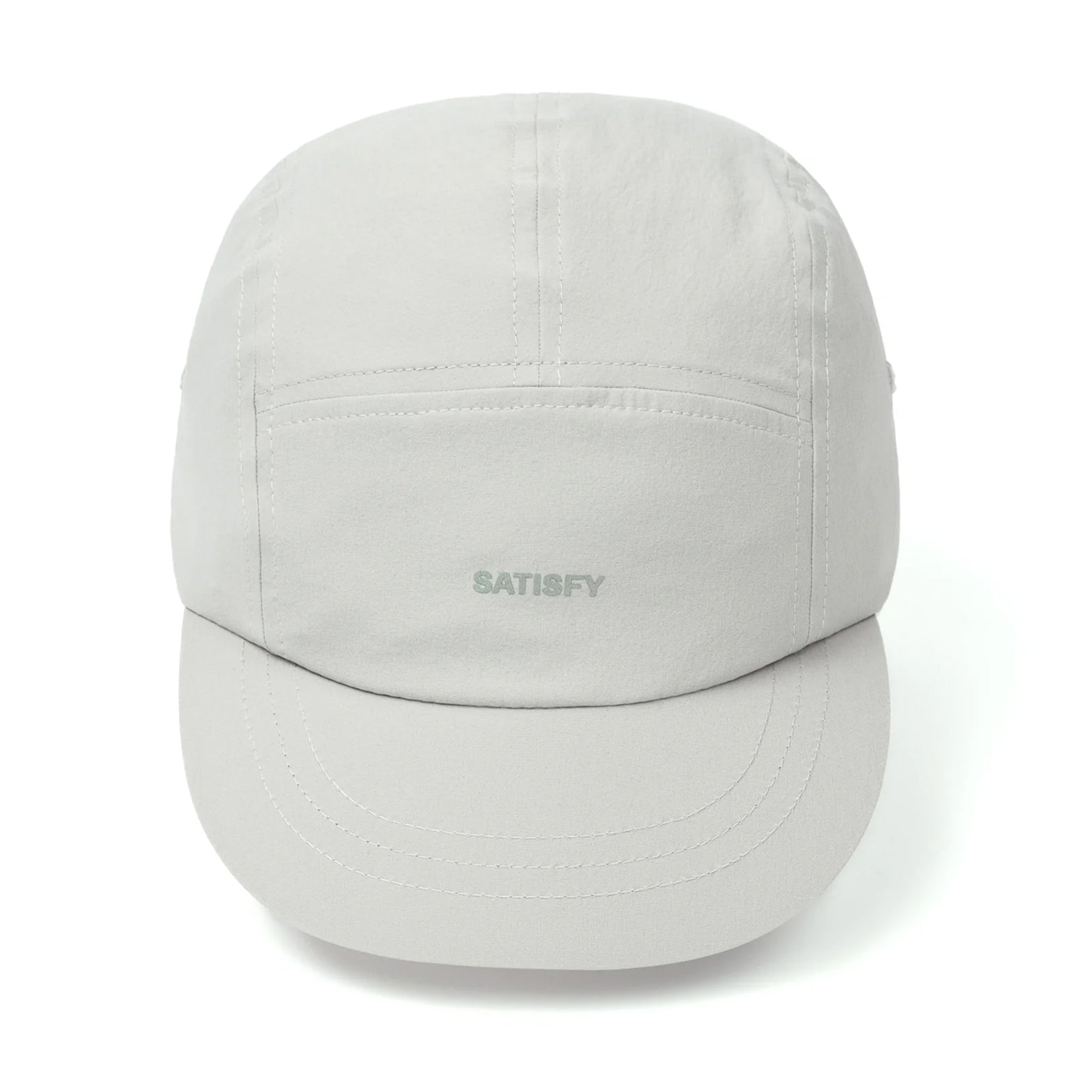 Satisfy PeaceShell Cordura Trail Cap in Light Grey — front product shot showing flexible brim, light grey PeaceShell™ Cordura construction and stealth-reflective Satisfy logo