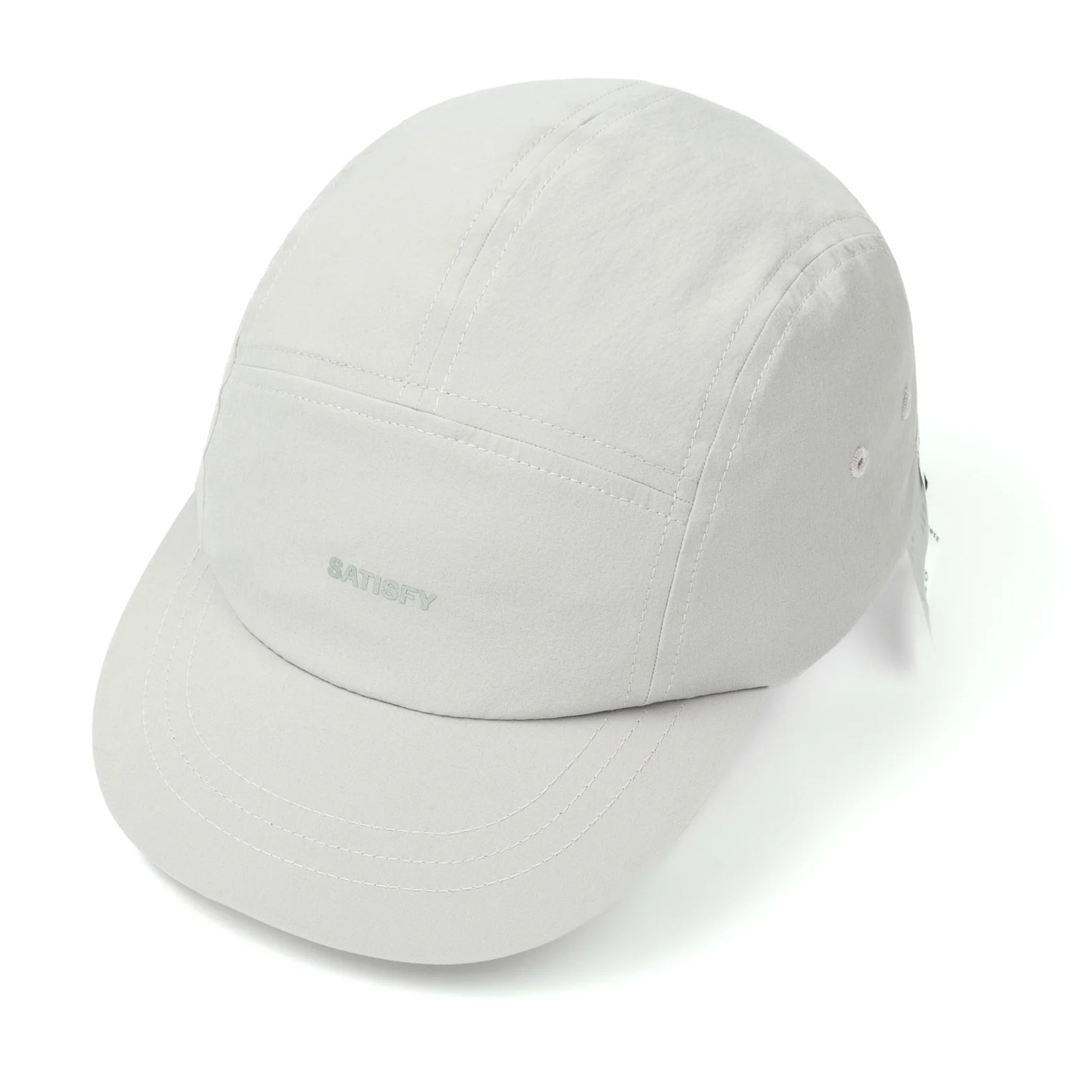 Satisfy PeaceShell Cordura Trail Cap in Light Grey — side product shot showing flexible brim profile, perforated ventilation detail and light grey PeaceShell™ Cordura construction