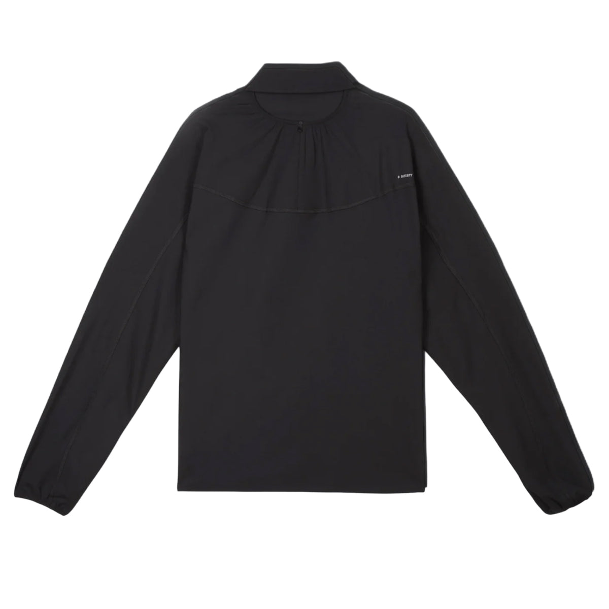 The Satisfy PeaceShell River Shirt Black, a long-sleeve shirt featuring a high collar and subtle gathering at the back yoke for lightweight wind protection, is displayed flat on a white background.