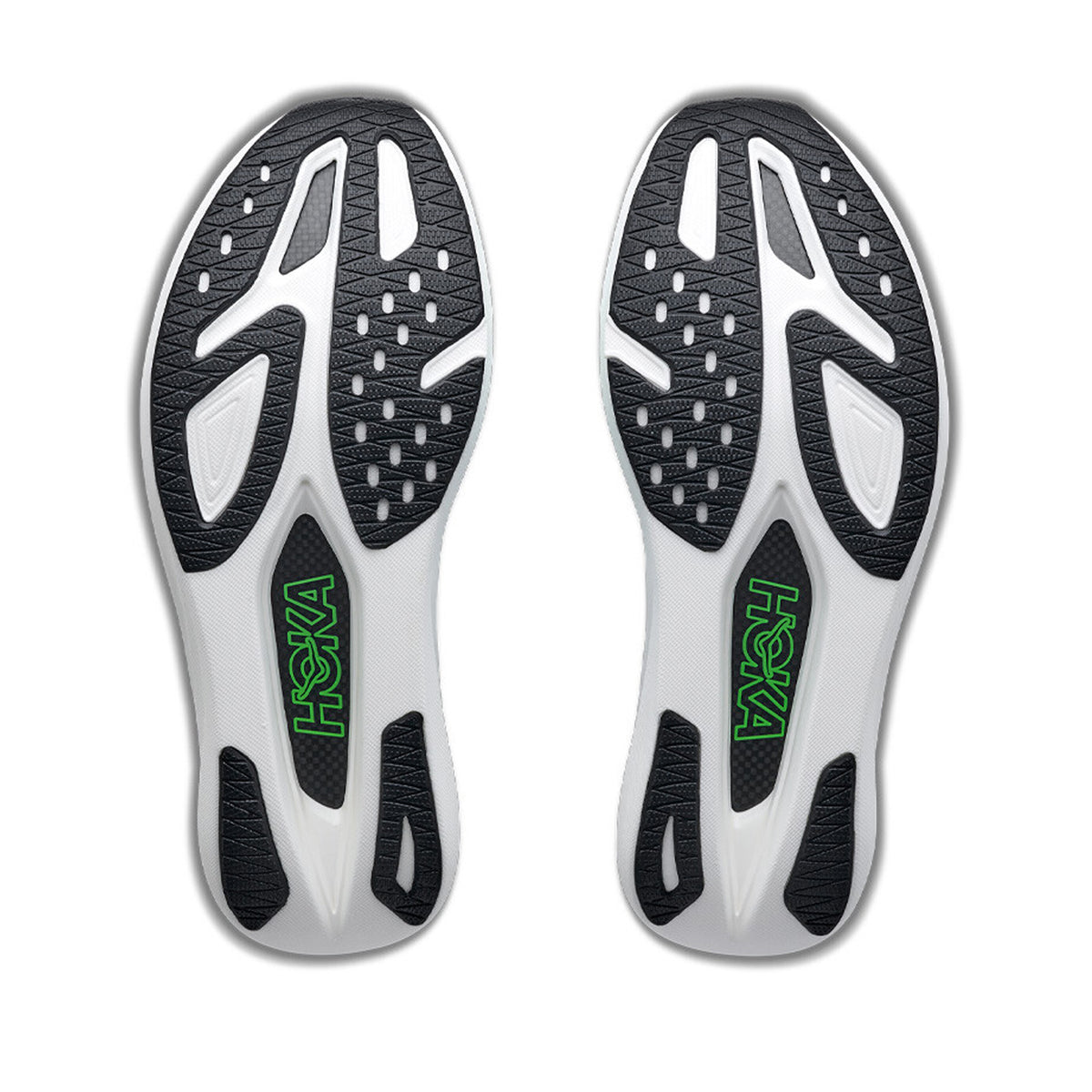 HOKA Rocket X 3 Running Shoes Frost Electric Lime sole view displaying sticky rubber outsole for confident traction on wet and dry roads during racing