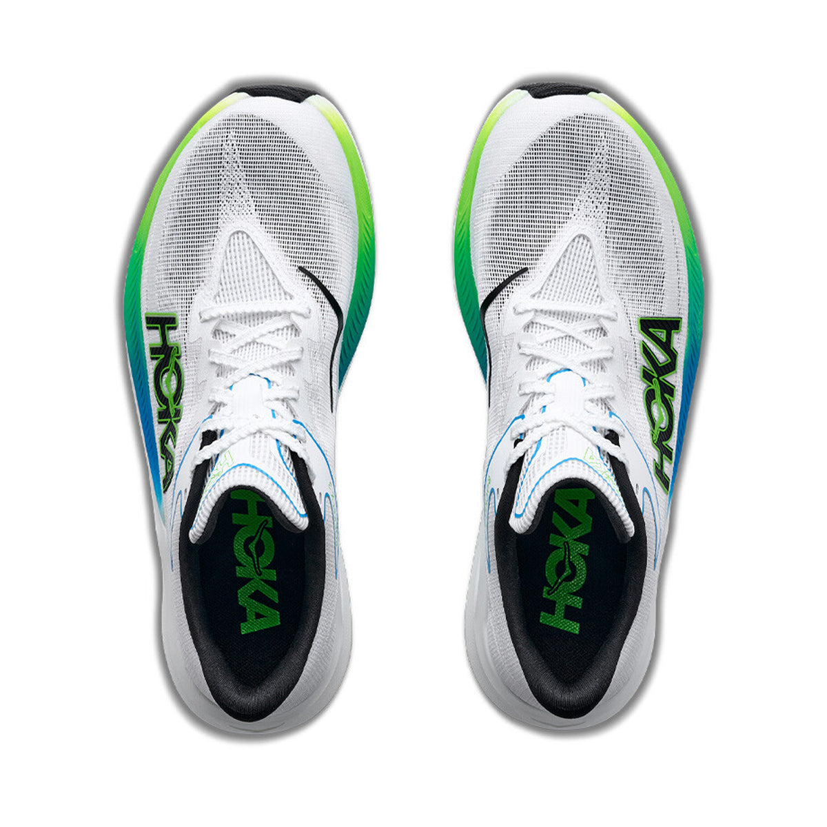 HOKA Rocket X 3 Running Shoes Frost Electric Lime top view showing single-layer engineered warp knit upper with streamlined stitch-and-turn collar for breathable race-ready construction