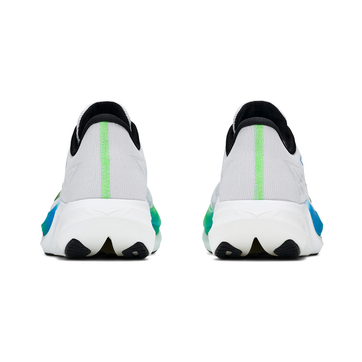 HOKA Rocket X 3 Running Shoes Frost Electric Lime heel view showing dual-density PEBA foam with carbon fibre plate and streamlined collar for supportive race day performance