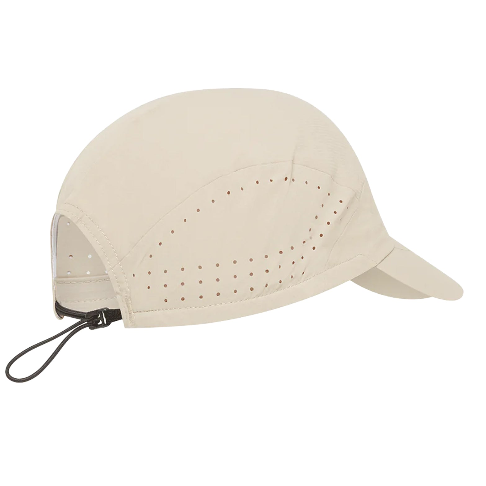 Soar Run Cap 2.0 Warm Grey back view showing single-pull drawcord closure and holographic low-light detailing