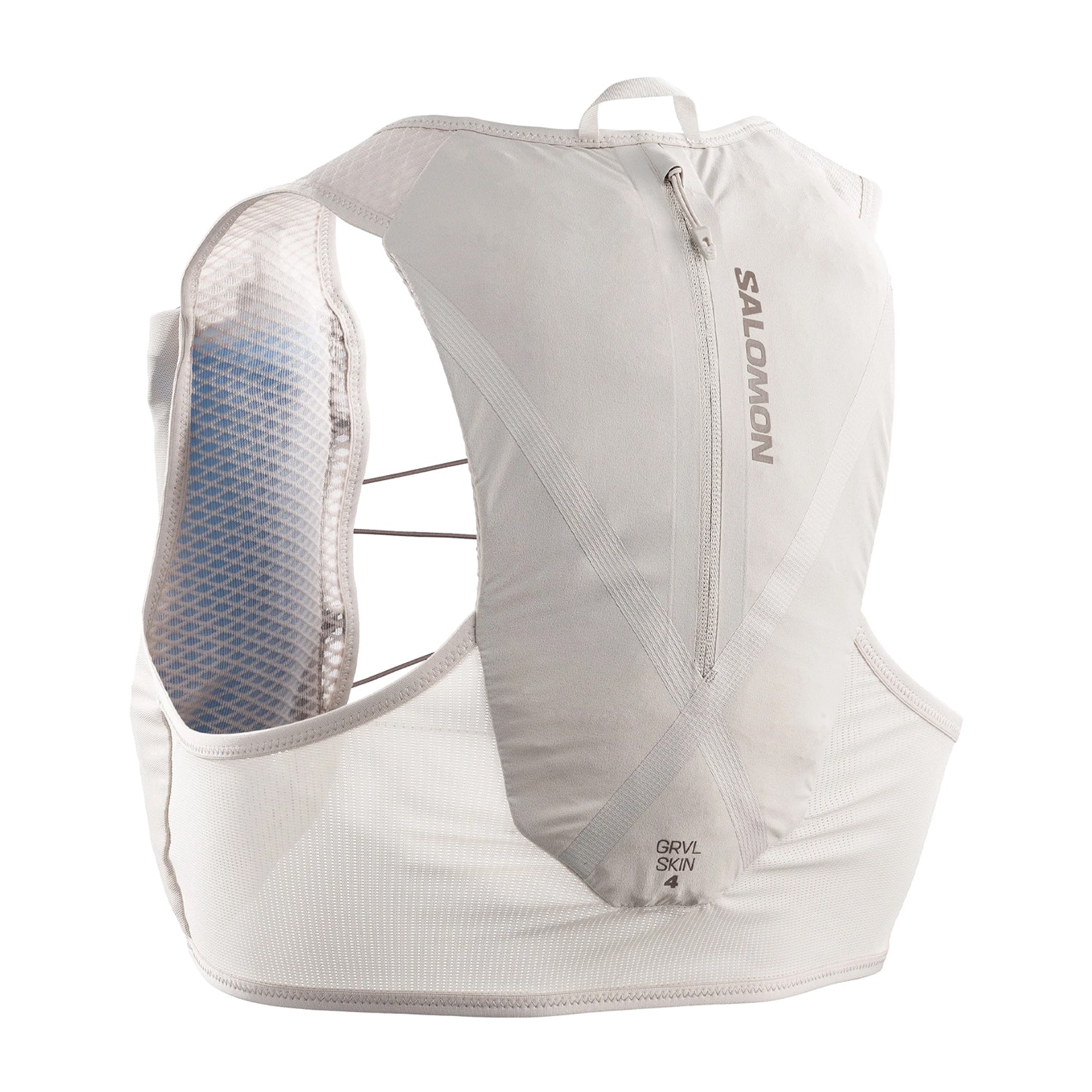Salomon GRVL Skin 4 Set Running Vest Silver Cloud Iron back view showing 4L storage and seamless technical fabric construction
