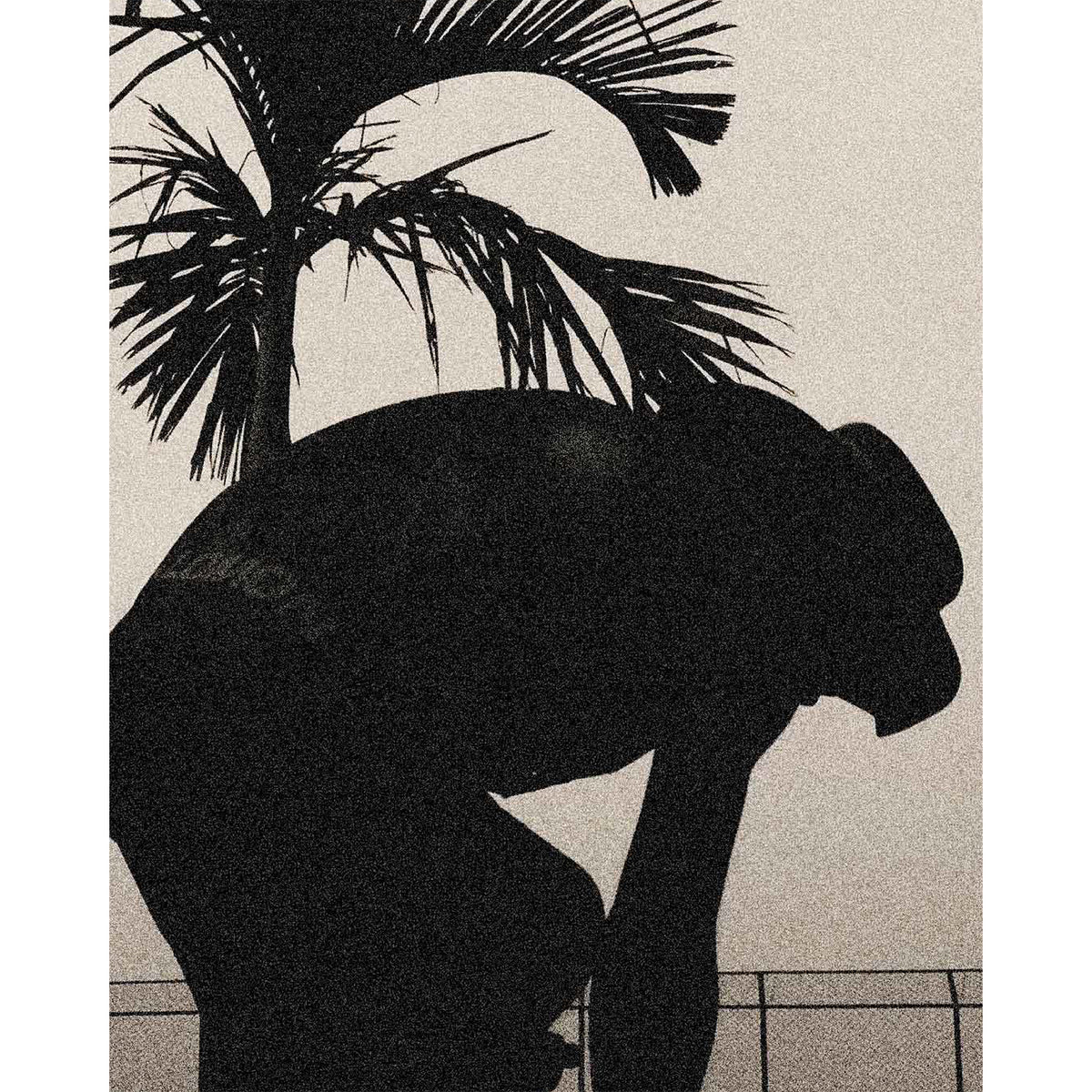 A silhouette of a person wearing a hat crouches in front of a palm tree, with a grainy, sepia-toned background.