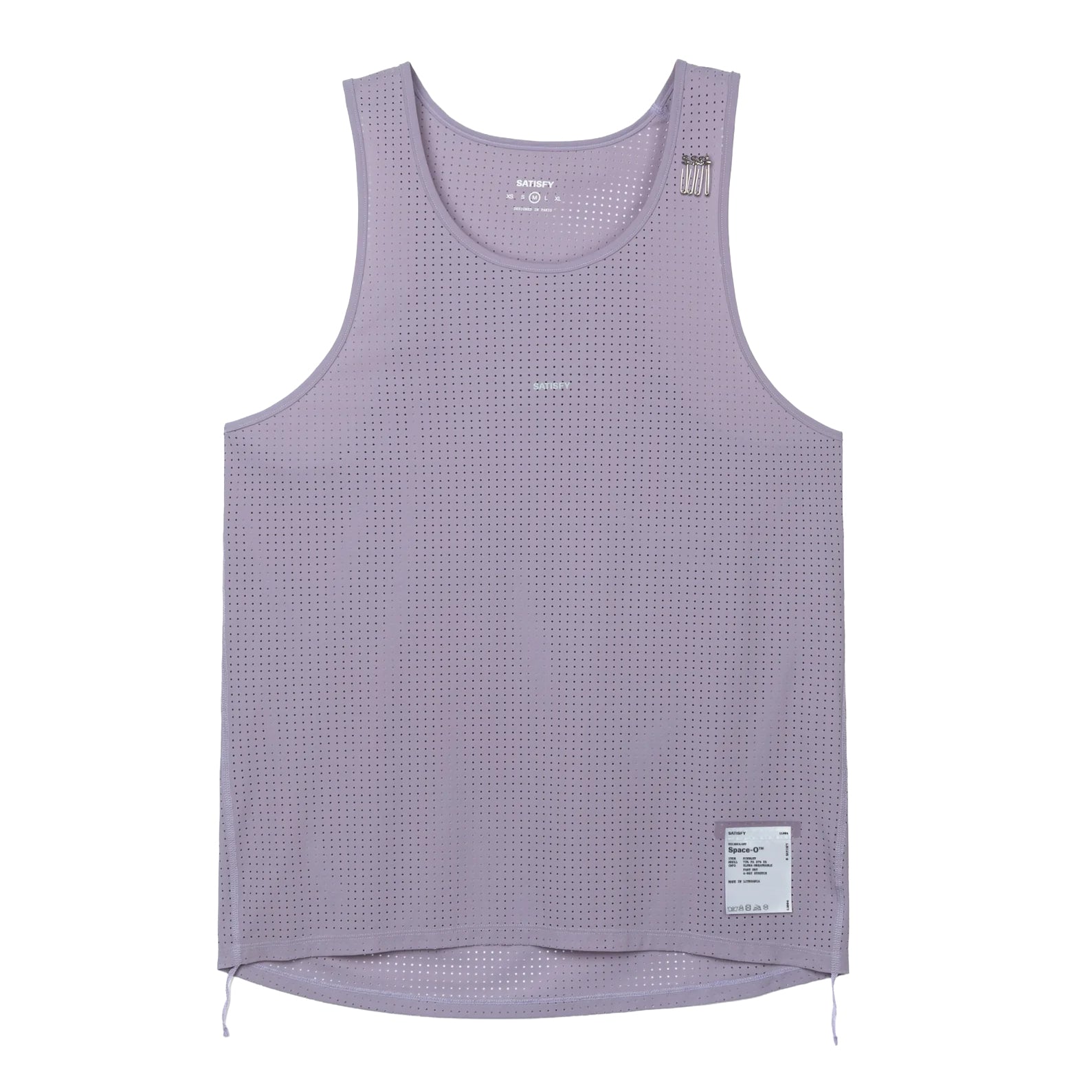 Satisfy Space-O™ Singlet in Dusk — front product shot showing race-cut silhouette, laser punch-out perforated micro jersey shell and stealth-reflective Satisfy logo