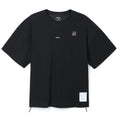 Satisfy Space-O Tee Black front product view showing 120-gram Space-O Italian micro jersey with precision punched openings and reflective SATISFY print