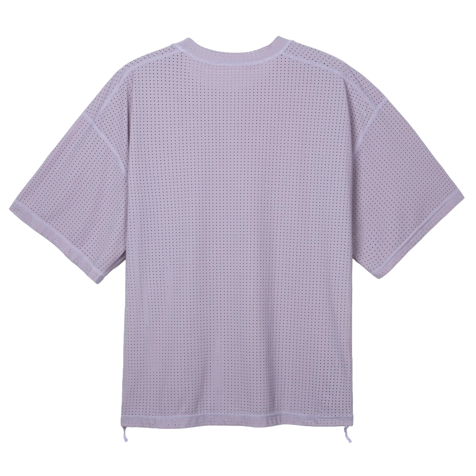 Satisfy Space-O Tee Dusk back view showing ultra-breathable perforated construction with stealth-reflective logo and flat seam design