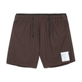 Satisfy Space-O™ 5 Inch Distance Shorts in Deep Mahogany — front product shot showing race-length 5" silhouette, laser punch-out perforated micro jersey shell and stealth-reflective Satisfy logo