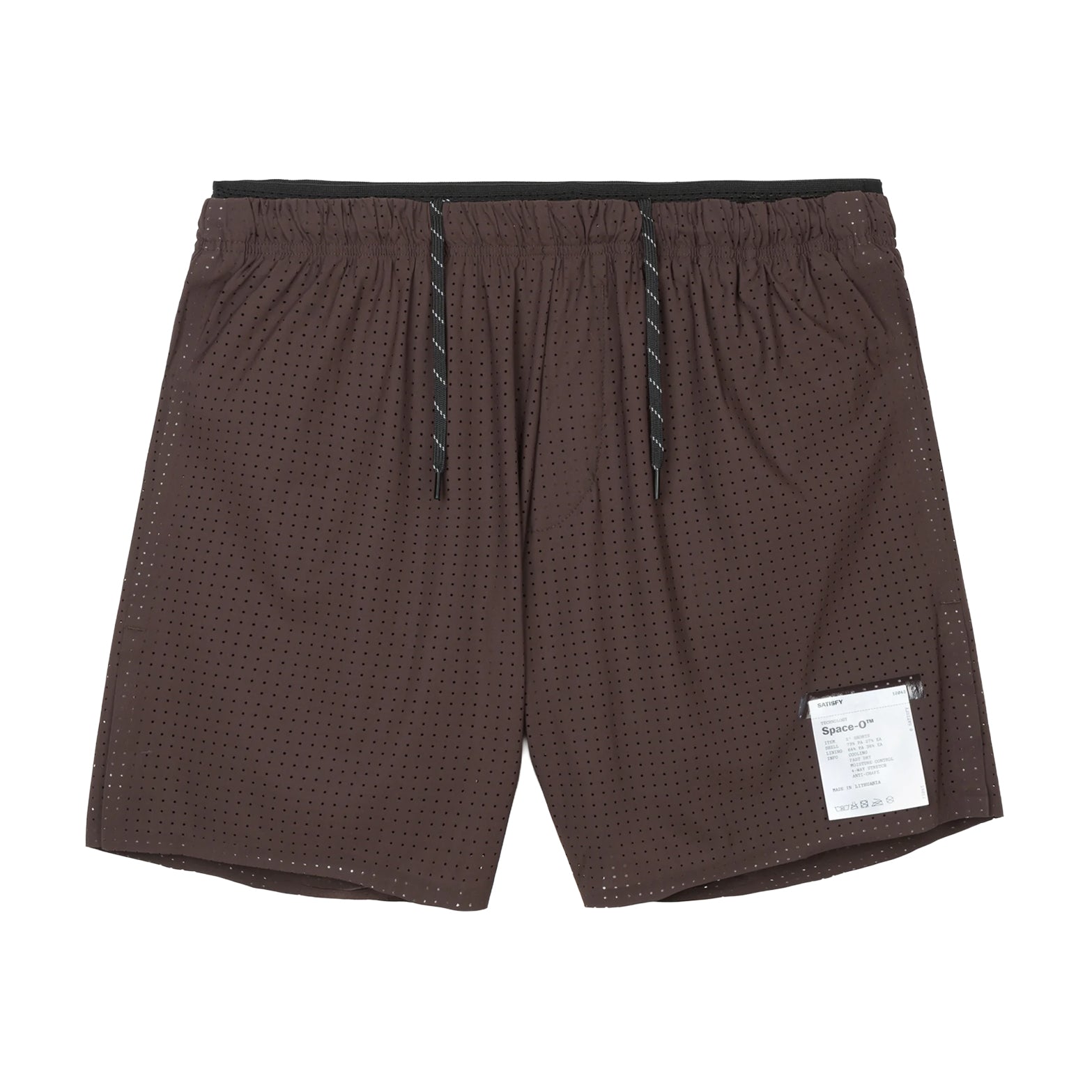 Satisfy Space-O™ 5 Inch Distance Shorts in Deep Mahogany — front product shot showing race-length 5" silhouette, laser punch-out perforated micro jersey shell and stealth-reflective Satisfy logo
