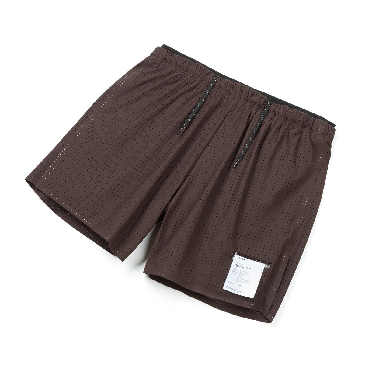 Satisfy Space-O™ 5 Inch Distance Shorts in Deep Mahogany — closeup of Space-O™ Italian micro jersey showing laser punch-out perforation detail and fabric texture
