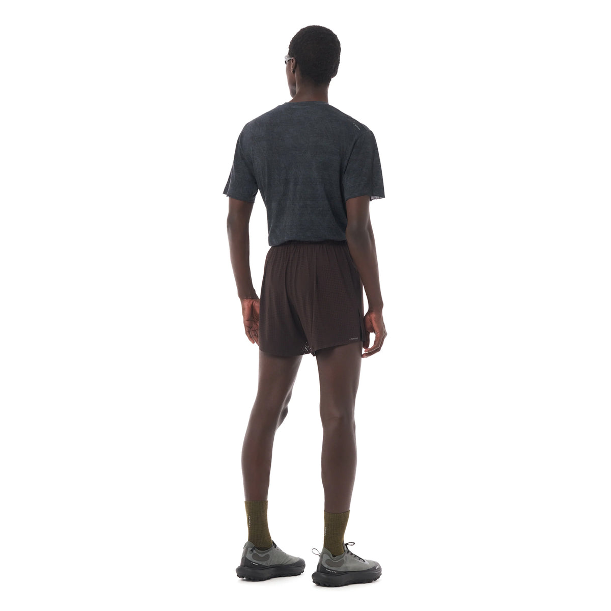 Satisfy Space-O™ 5 Inch Distance Shorts in Deep Mahogany — back view worn on model showing bonded seam construction, double waistband and Space-O™ perforated micro jersey fit