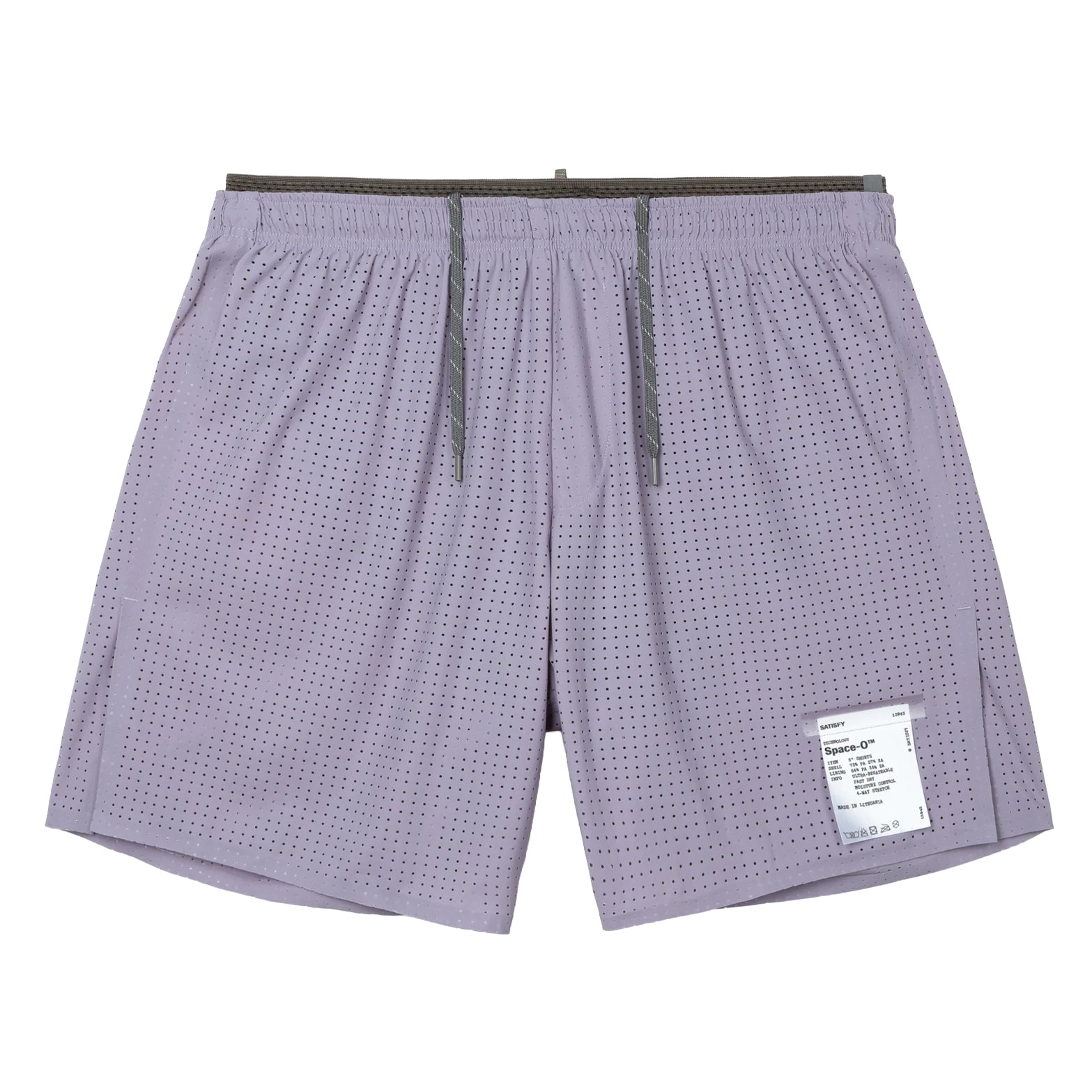Satisfy Space-O™ 5 Inch Distance Shorts in Dusk — front product shot showing race-length 5" silhouette, laser punch-out perforated micro jersey shell and stealth-reflective Satisfy logo
