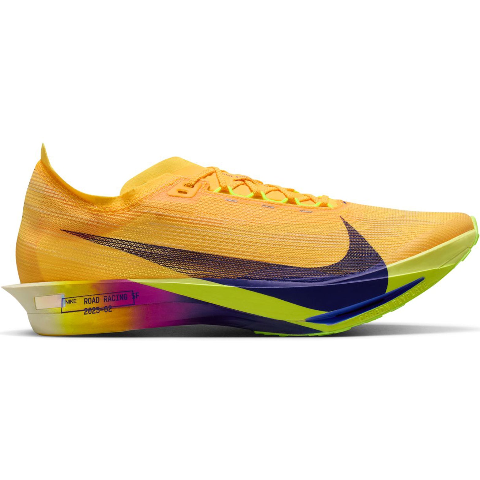 Streakfly 2 Running Shoes Citron Pulse Volt Ice Hyper Violet Indigo Burst outer side view showing carbon fibre Flyplate and ZoomX midsole