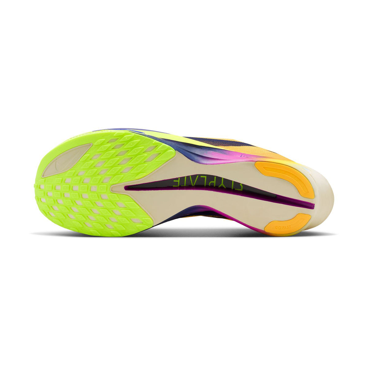 Streakfly 2 Running Shoes Citron Pulse Volt Ice Hyper Violet Indigo Burst sole view displaying thin sticky webbed outsole traction