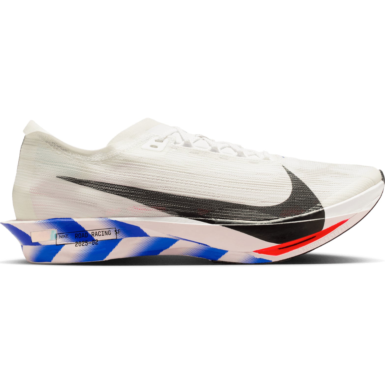 Nike Streakfly 2 Running Shoes White Black Racer Blue Bright Crimson outer side view showing minimal lightweight racing design with ZoomX foam for 5K to 10K competition