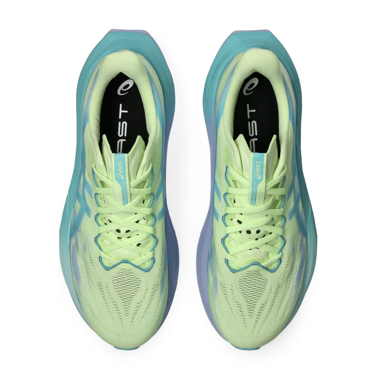 Asics Superblast 3 running shoe in Illuminate Yellow / Energy Aqua — top-down view showing illuminate yellow engineered woven upper, gusseted tongue wing system and lace closure with energy aqua accent detailing