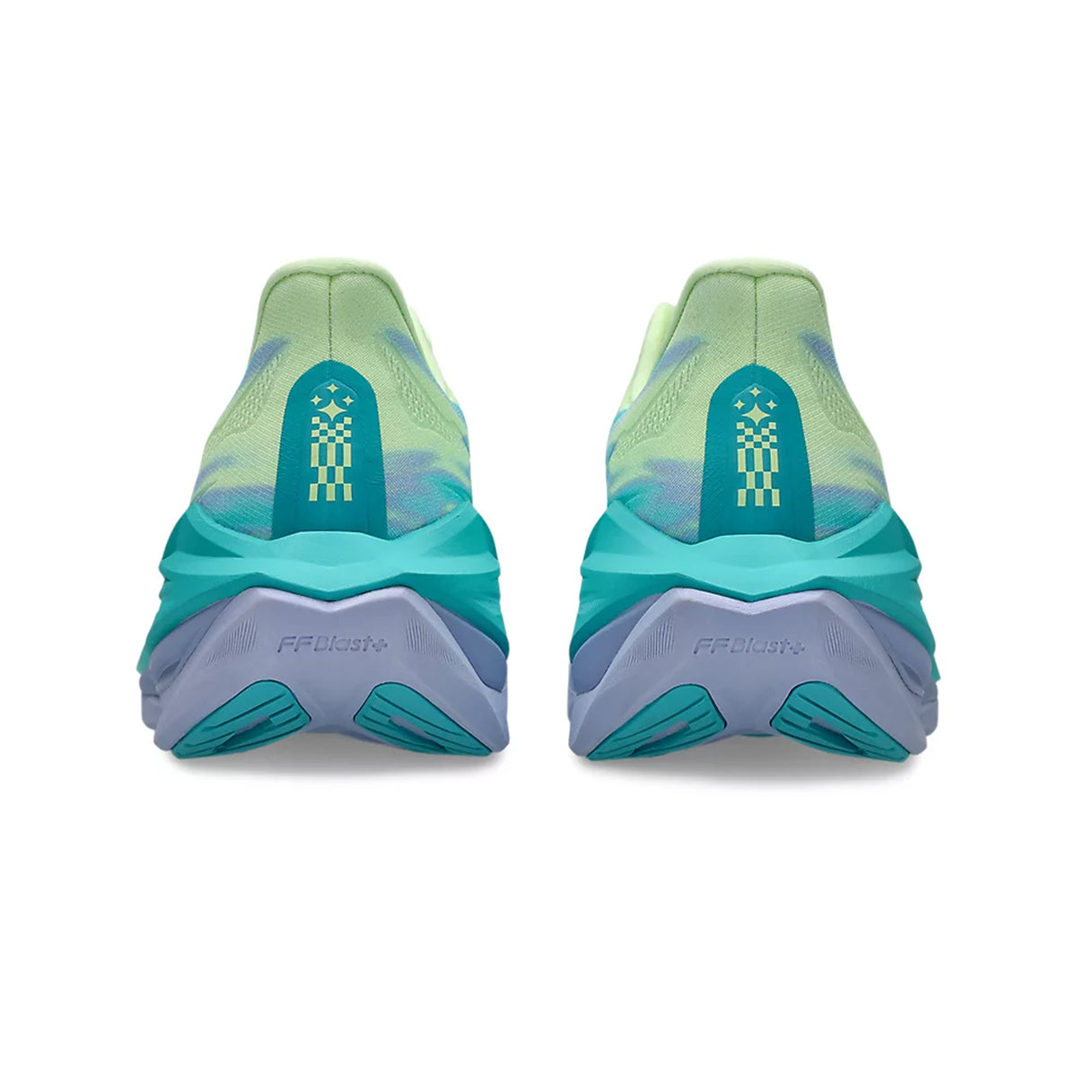 Asics Superblast 3 running shoe in Illuminate Yellow / Energy Aqua — heel view showing towering stack height profile, reflective detailing and energy aqua dual-layer FF LEAP FF BLAST PLUS midsole contrast