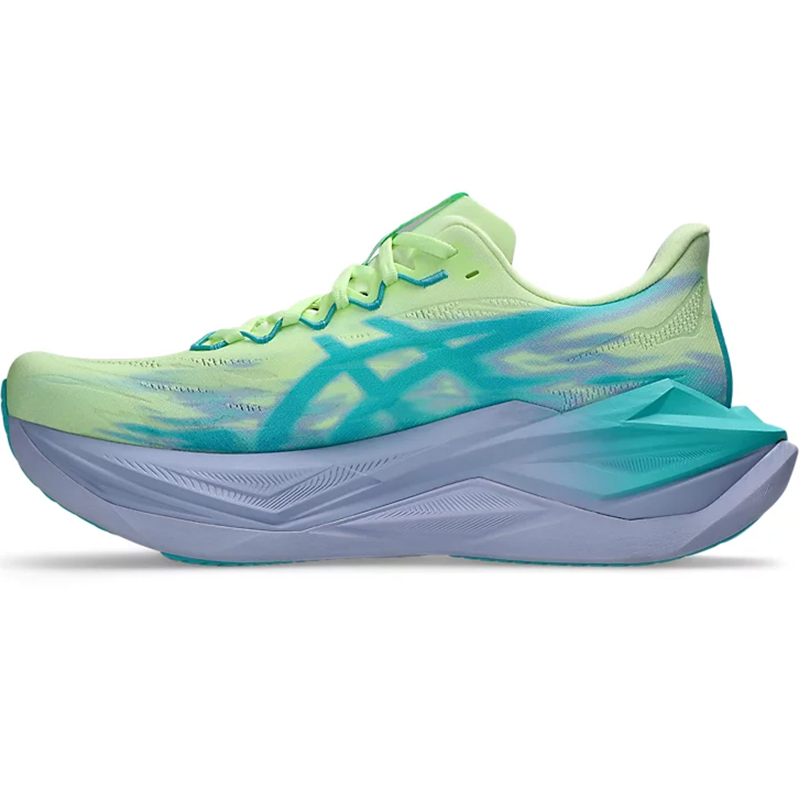 Asics Superblast 3 running shoe in Illuminate Yellow / Energy Aqua — inner view showing illuminate yellow woven upper, gusseted tongue wing fit system, energy aqua midsole detailing and FF BLAST PLUS base layer construction