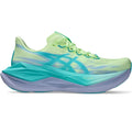 Asics Superblast 3 running shoe in Illuminate Yellow / Energy Aqua — outer view showing illuminate yellow woven upper with energy aqua accent detailing and dual-layer FF LEAP foam midsole profile