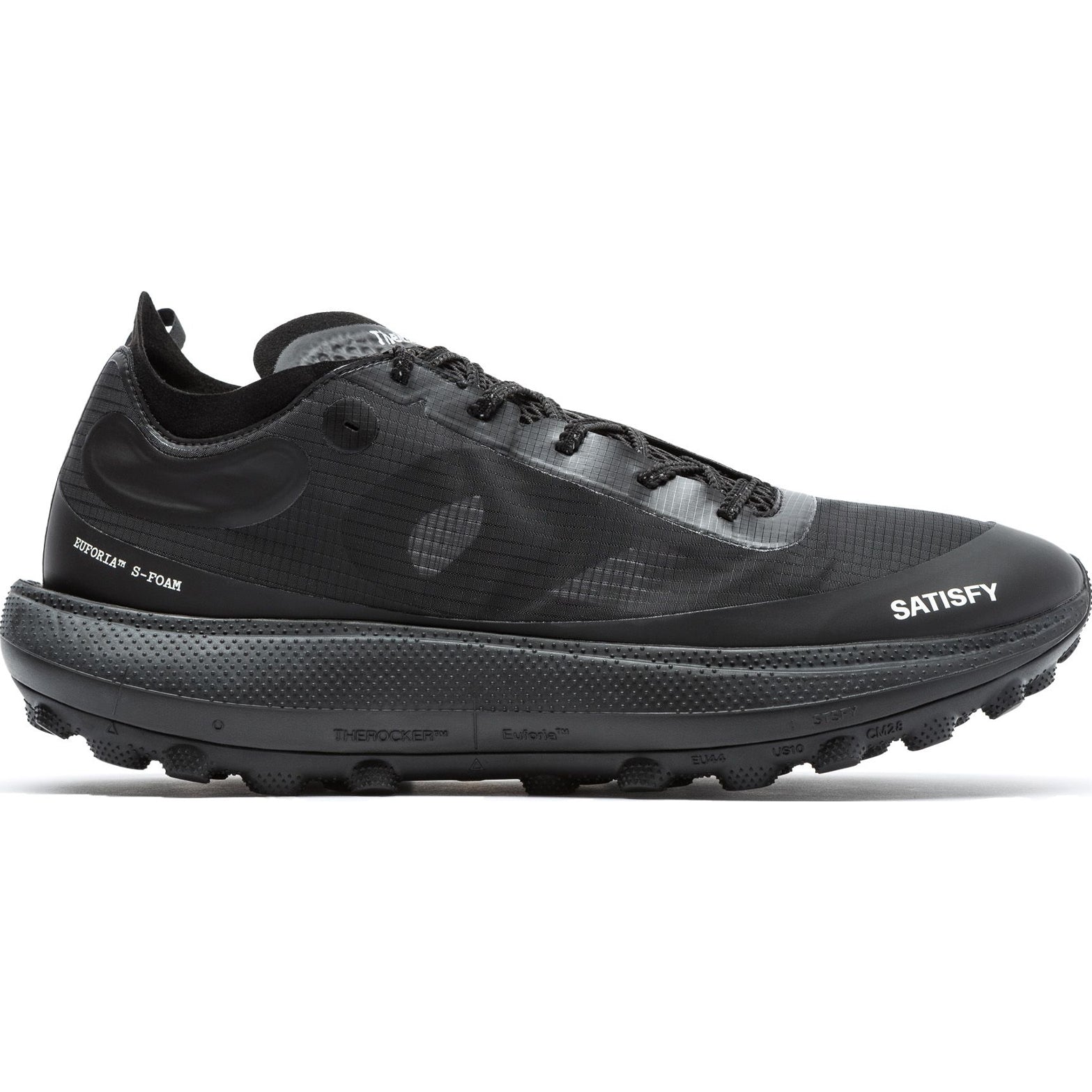 Satisfy TheROCKER Trail Running Shoes Jet Black outer side view showing Euforia PEBA/EVA midsole and Rippy 66 monomesh upper