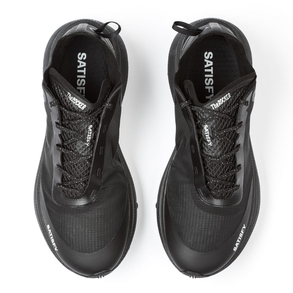 Satisfy TheROCKER Trail Running Shoes Jet Black pair top view showing Rippy 66 high-tenacity monomesh upper and serrated laces