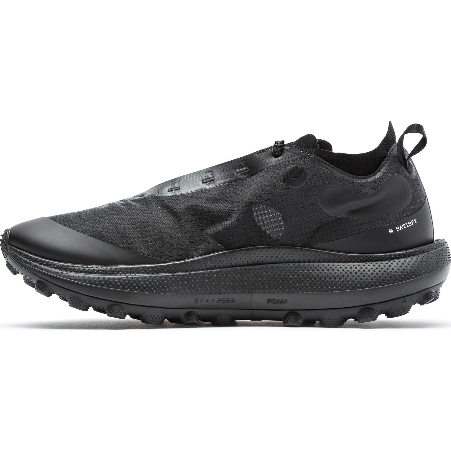 Satisfy TheROCKER Trail Running Shoes Jet Black inner side view showing asymmetrical lacing system and dual-width form construction