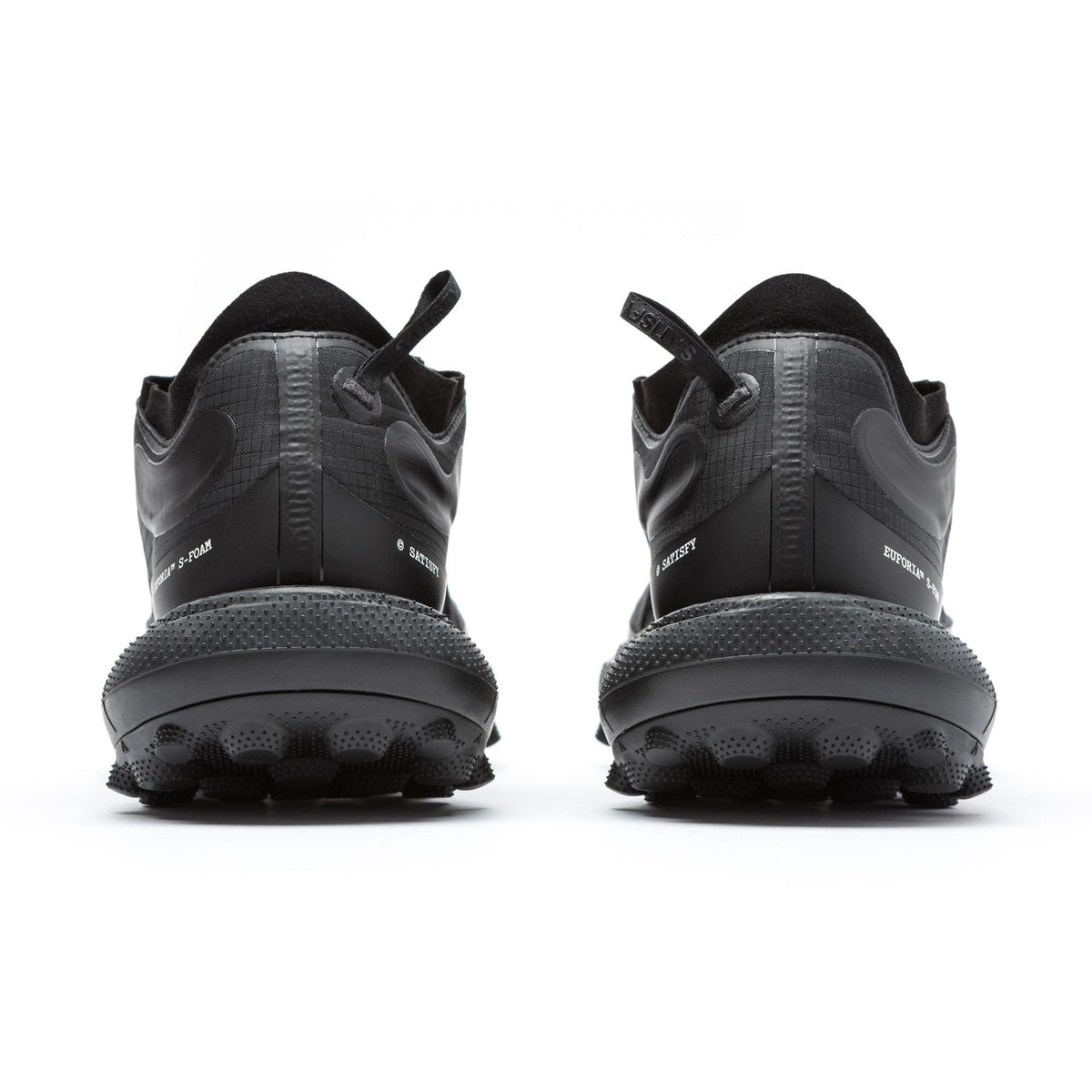 Satisfy TheROCKER Trail Running Shoes Jet Black pair heel view showing D-width heel construction and Euforia midsole foam stack