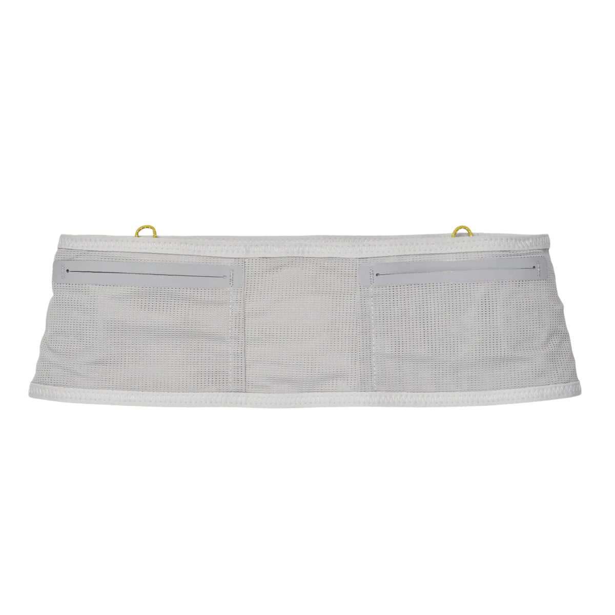 The Raide UL 1L Running Belt Stone is a white and gray mesh belt featuring two zippered pockets, two small yellow loops at the top, and a no-bounce suspension system for added comfort. It’s designed to carry small items and a hydration flask.