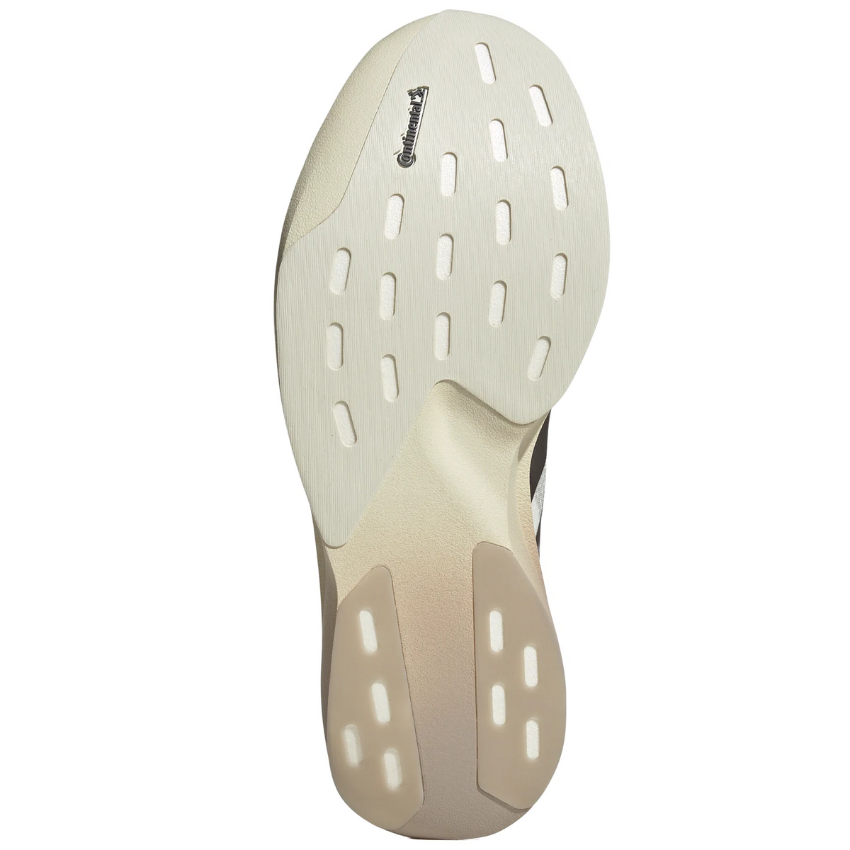 The image displays the sole of the Men’s Adizero EVO SL Running Shoes by Adidas in Off White, Aurora Coffee Metallic, and Matte Silver. The outsole features textured grooves and rectangular grip patterns, with a Continental logo near the top. This shoe incorporates a Continental rubber outsole to deliver exceptional traction.