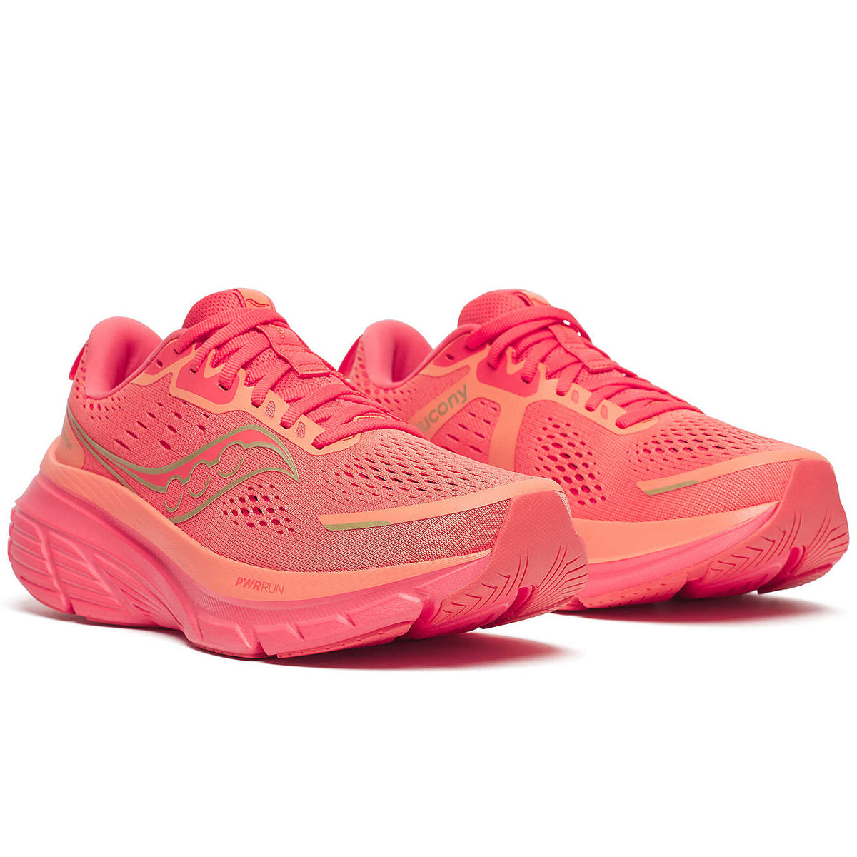 Two bright pink athletic running shoes with mesh uppers, laced up and side by side, featuring a subtle logo and textured soles, displayed on a white background.