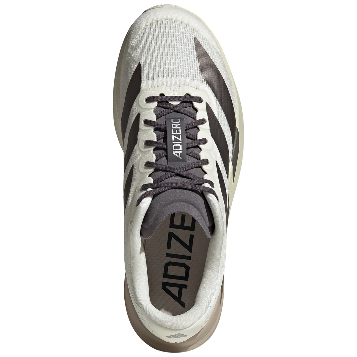 Top view of an Off White and Aurora Coffee Metallic Men’s Adizero EVO SL Running Shoe by Adidas, featuring black stripes and “ADIZERO” printed on the tongue and insole. This shoe showcases a mesh upper, laces, responsive LIGHTSTRIKE PRO foam cushioning, and a durable Continental™ rubber outsole.