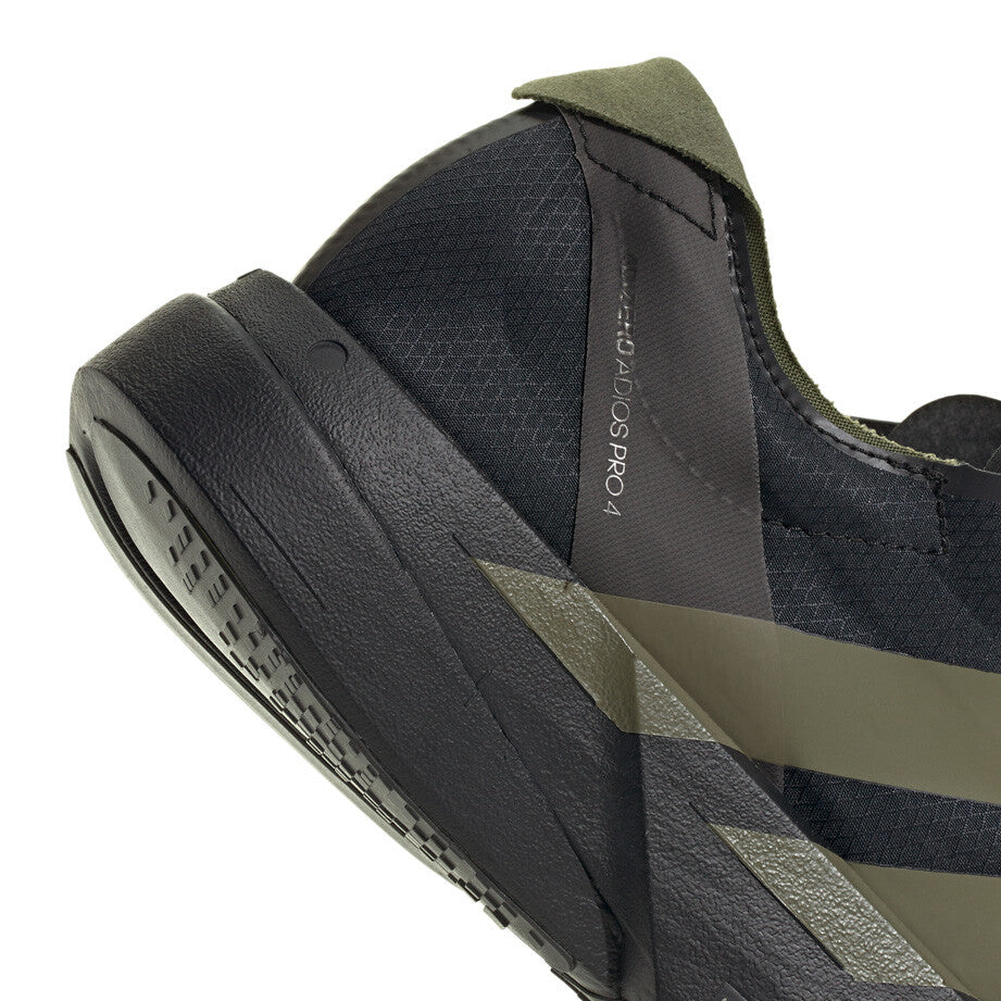 Mens's Adizero Adios Pro 4 Running Shoes Core Black / Focus Olive / Charcoal - Achilles Heel