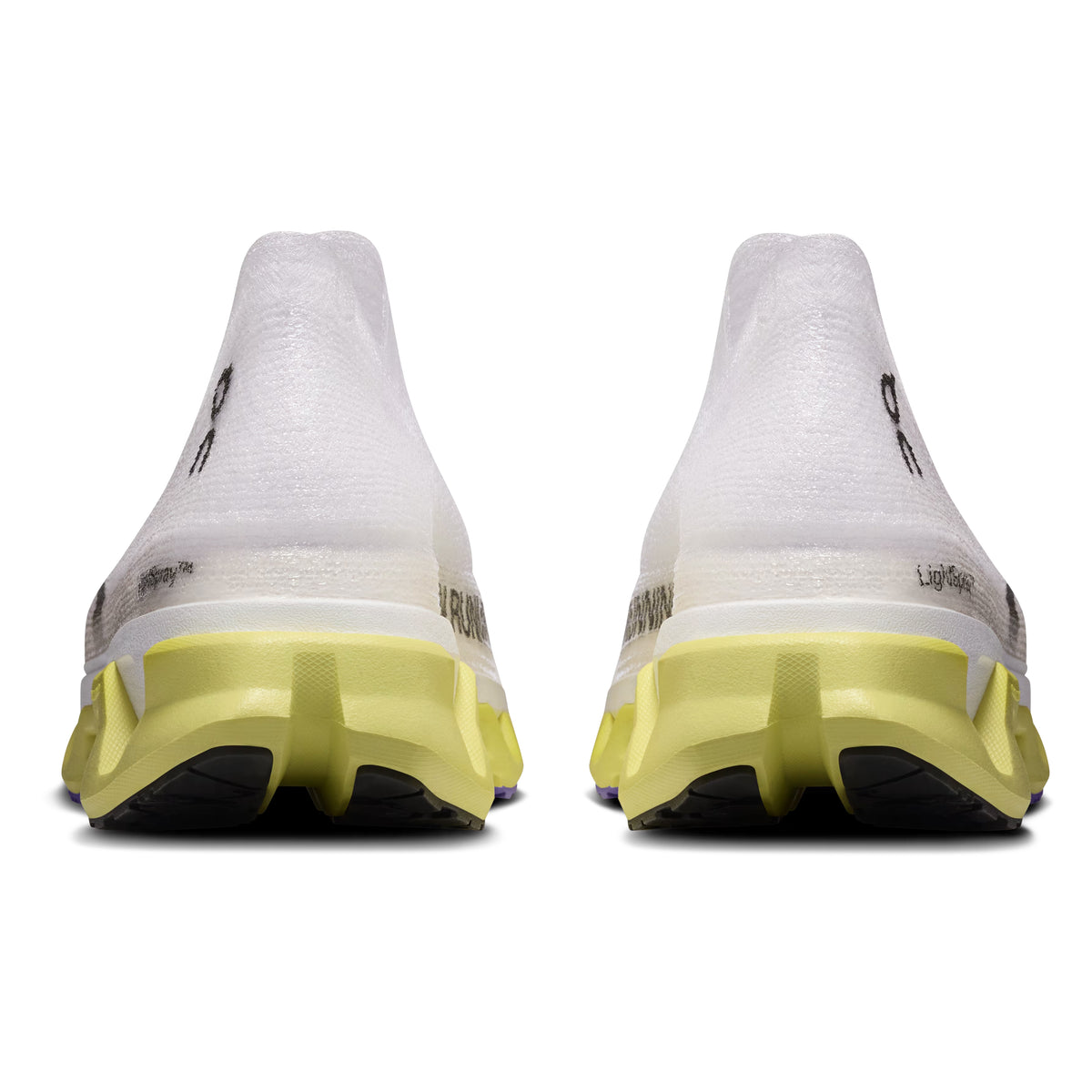 A pair of On LightSpray Cloudmonster 3 Hyper Limelight / Bloom running shoes with white uppers, yellow soles, and black heel detailing is seen from the back against a white background. Featuring textured outsoles and advanced LightSpray™ technology for enhanced performance, these super trainers deliver exceptional comfort and innovation.