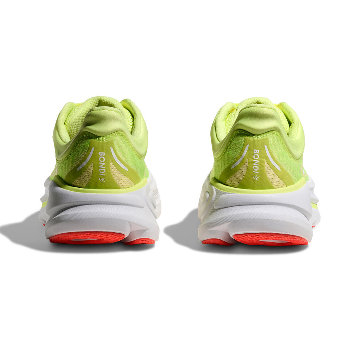 A pair of Hoka Women’s Bondi 9 Running Shoes in Neon Yuzu / Sunlight shown from the back, featuring ultra-cushioned white midsoles and bright red outsoles, with “BONDI 9” on the heel—designed for all-day comfort.